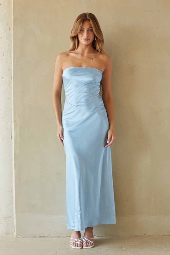 skyblue-image | front-image | satin blue dress | front view showcasing the strapless, body-hugging satin dress, perfect for formal events.