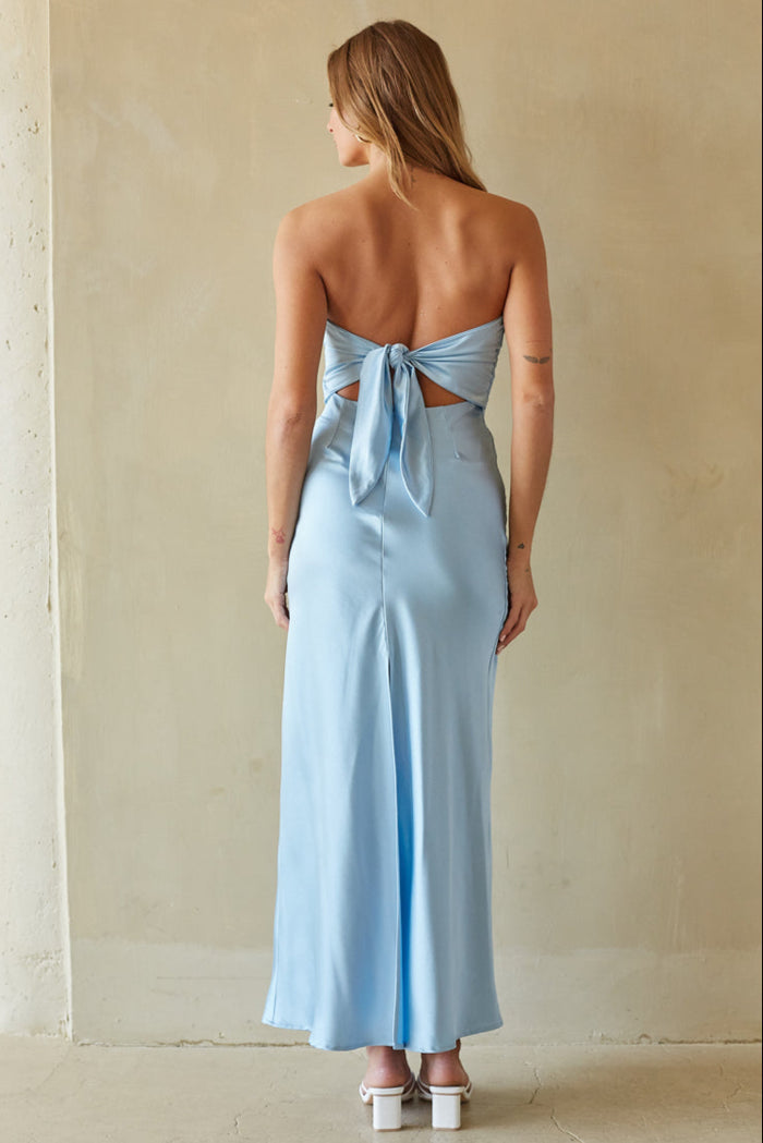 back-image | blue dress | graceful and flattering | back view highlighting the smooth, fitted design of the satin dress for a polished look.