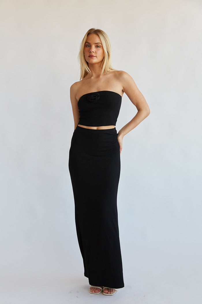black straight cut maxi skirt with matching rosette tube top -  fall boutique 2023