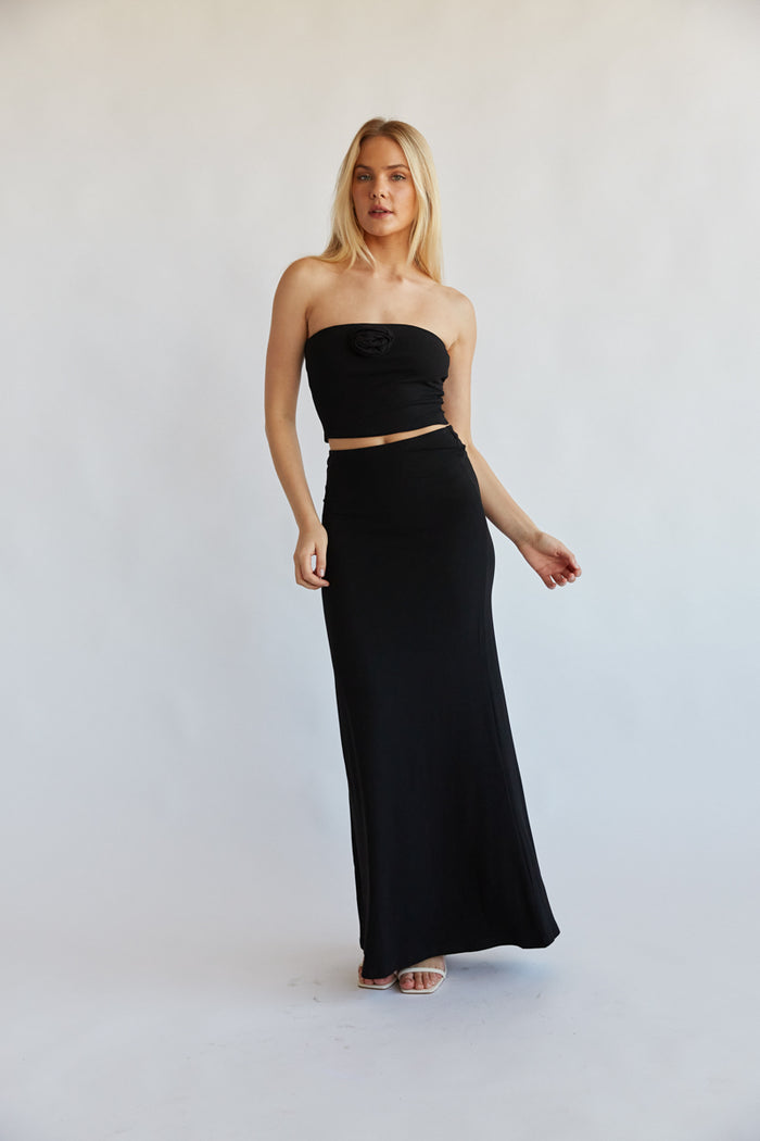 elevated basics matching black rosette tube top and black maxi skirt - los angeles style