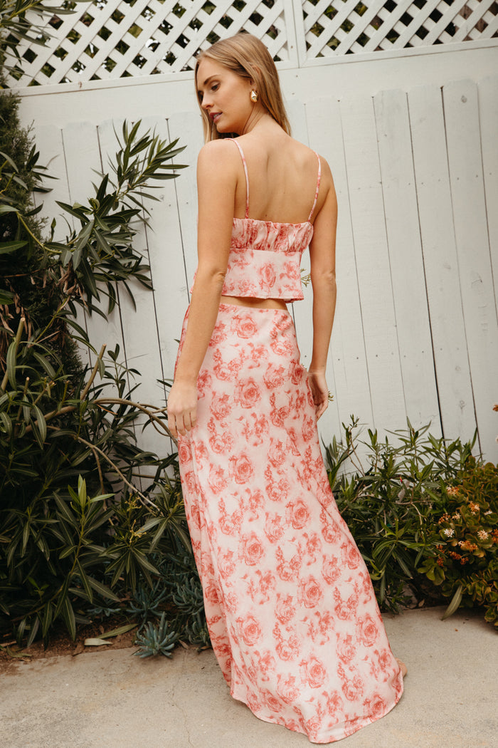 red ditsy floral print rose matchong skirt and top set