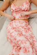 rose pattern ruched tank top with bow draw string