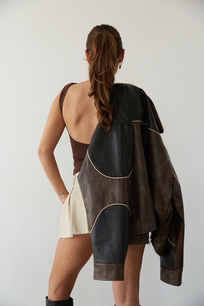 over the shoulder view | black and brown color block faux leather bomber jacket | fall must have