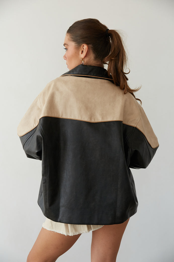back view | black and tan color block faux leather bomber jacket | fall must have