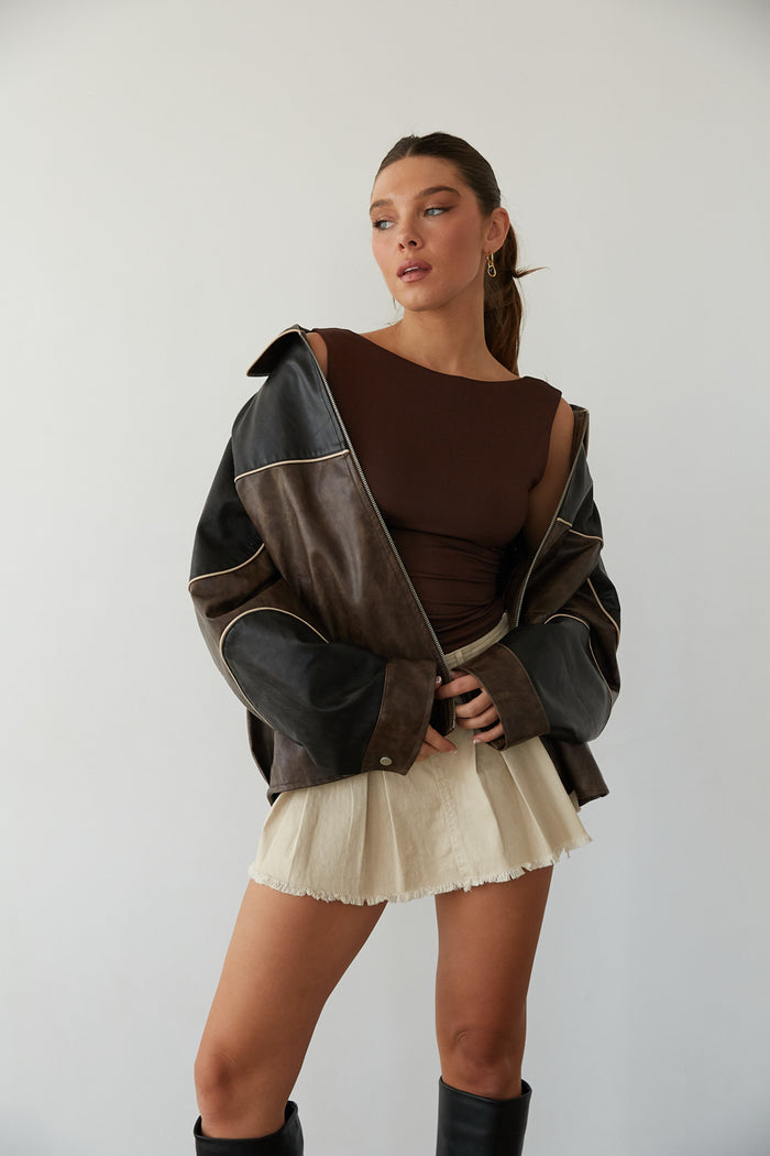 front view | black and brown color block faux leather bomber jacket | fall must have