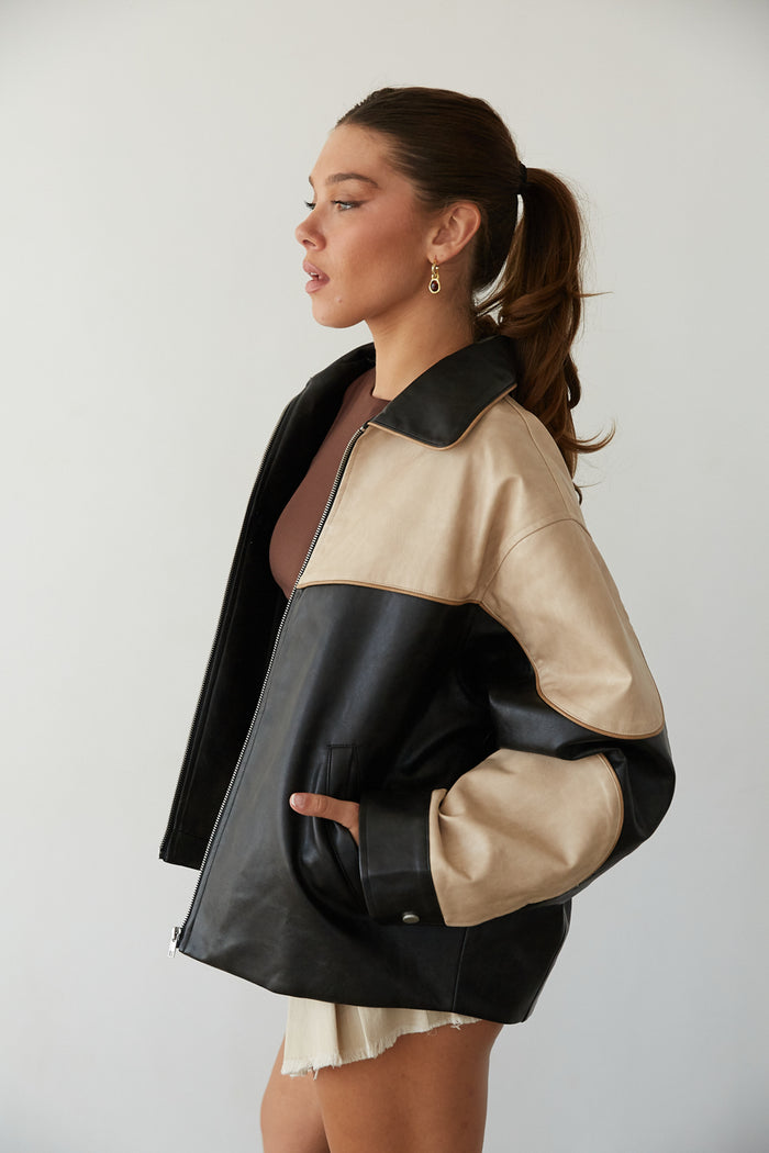 side view | black and tan color block faux leather bomber jacket | fall must have