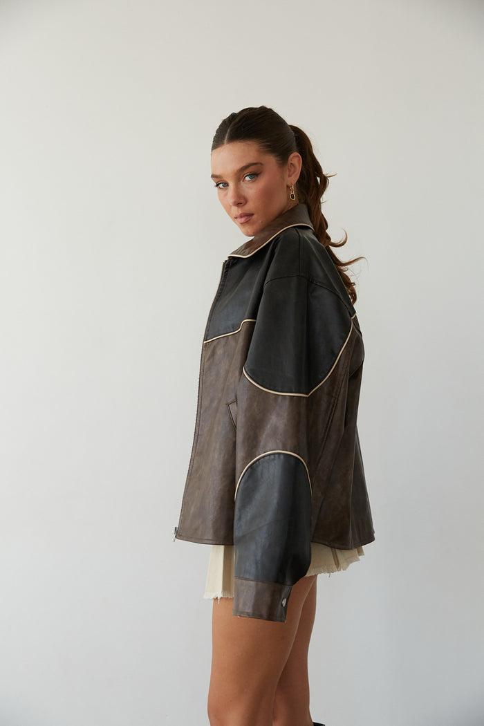 side view | black and brown color block faux leather bomber jacket | fall must have