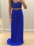 Royal Blue 2 Pieces Lace Prom Dresses, 2 Pieces Royal Blue Bridesmaid Dress, Formal Dresses