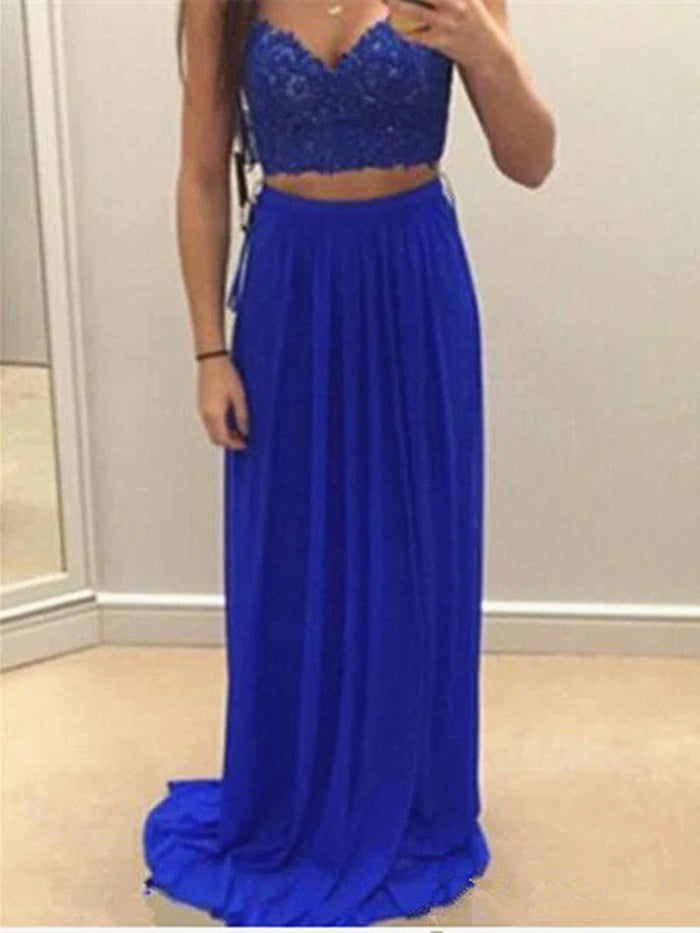 Royal Blue 2 Pieces Lace Prom Dresses, 2 Pieces Royal Blue Bridesmaid Dress, Formal Dresses