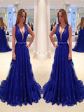 Royal Blue A Line V Neck Sweep Train Lace Prom Dress, Royal Blue Lace Formal Dress