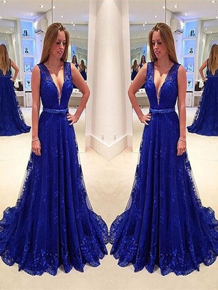 Royal Blue A Line V Neck Sweep Train Lace Prom Dress, Royal Blue Lace Formal Dress