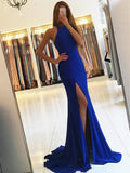 Royal Blue Halter Neck Prom Dresses with Slit, Royal Blue Formal Dresses, Royal Blue Evening Dresses
