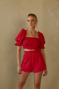 ruby red puff sleeve crop top and matching shorts