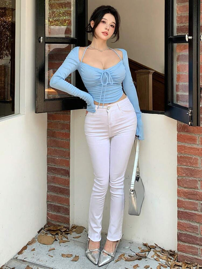 Ruched Halter Strap Cropped Top with Front Tie – Sky Blue