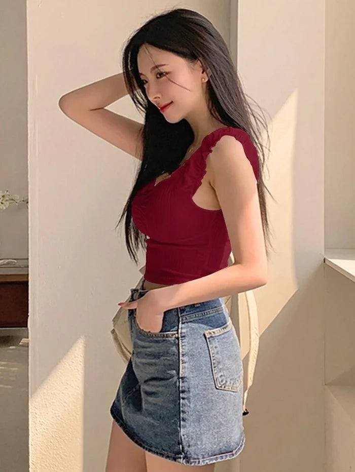 Ruched Ribbed Ruffle Strap Crop Top – Burgundy