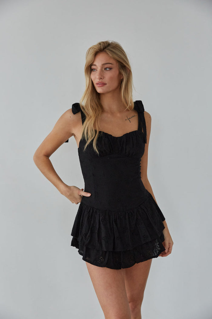 black-image | black tie strap romper - summer outfit inspo - cute lace romper