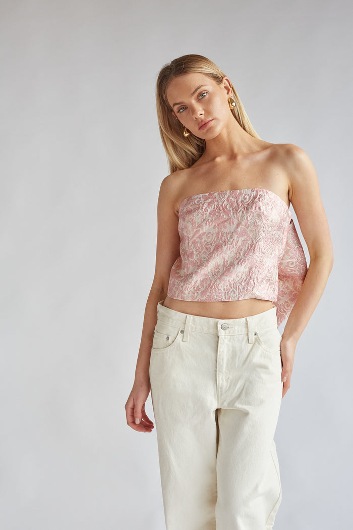 pink and gold tinsel print strapless corset top with back statement bow | princesscore aesthetic outfit