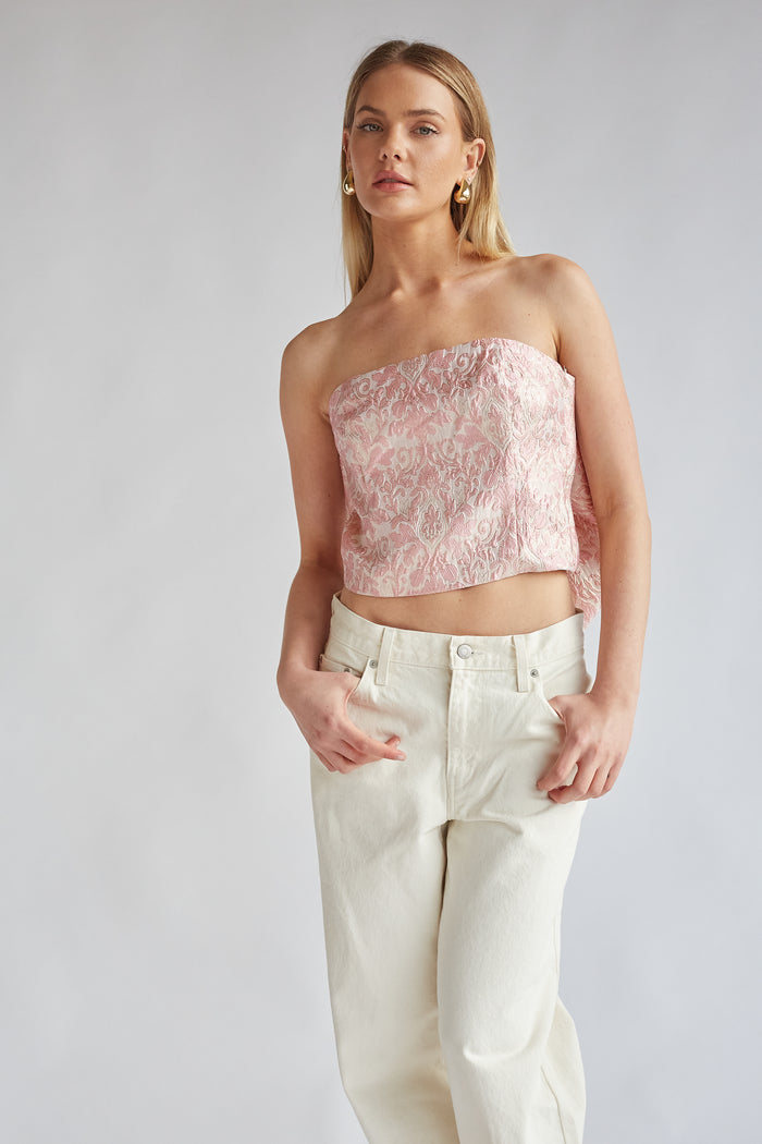 bubblegum pink and gold patterned strapless going out top with bow back | sabrina carpenter outfit
