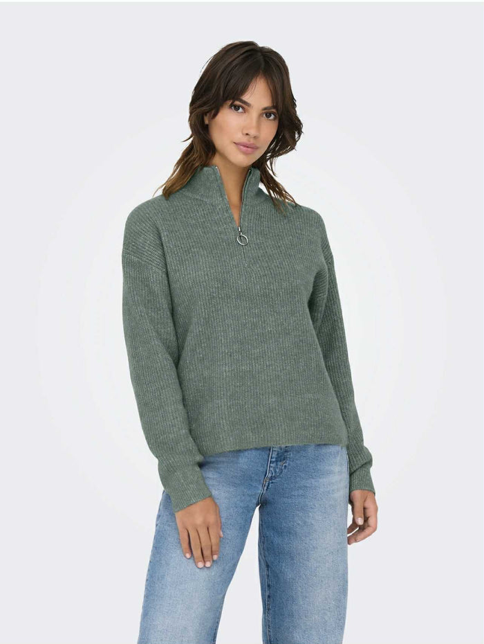 Sage Green Half Zip Knit Sweater – High Neck Casual Women Pullover