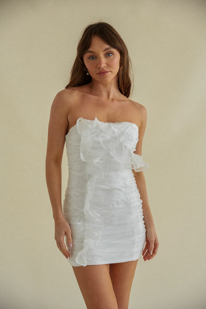strapless white mini dress