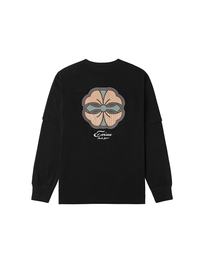 Sashiko-style Kamon Print Fashion Fit 2-in-1 Design Long-sleeve T-shirt
