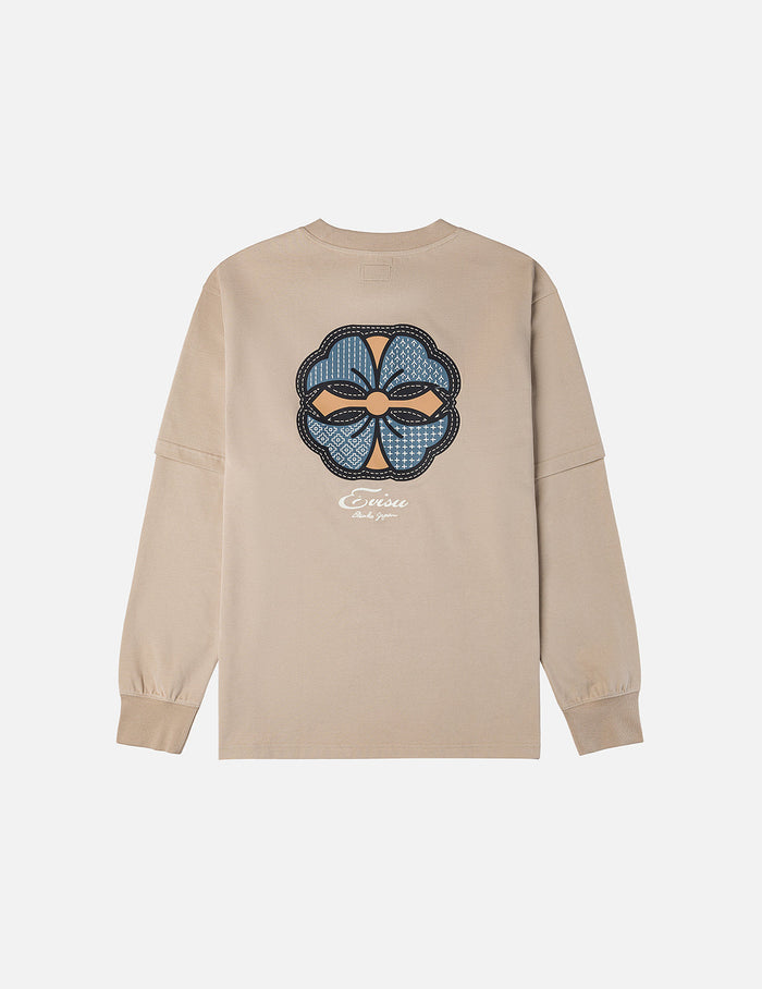 Sashiko-style Kamon Print Fashion Fit 2-in-1 Design Long-sleeve T-shirt