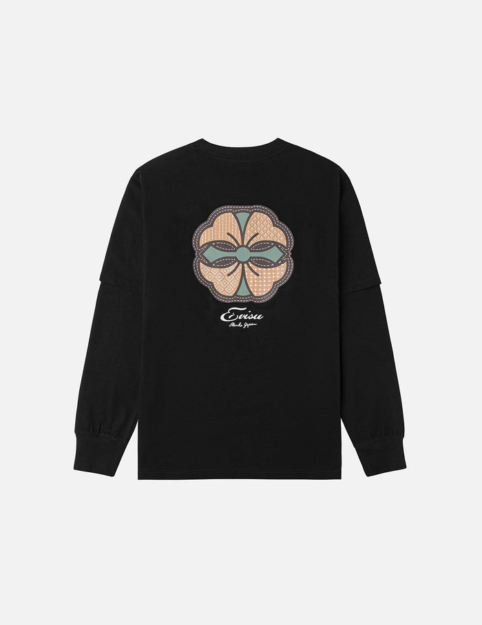 Sashiko-style Kamon Print Fashion Fit 2-in-1 Design Long-sleeve T-shirt