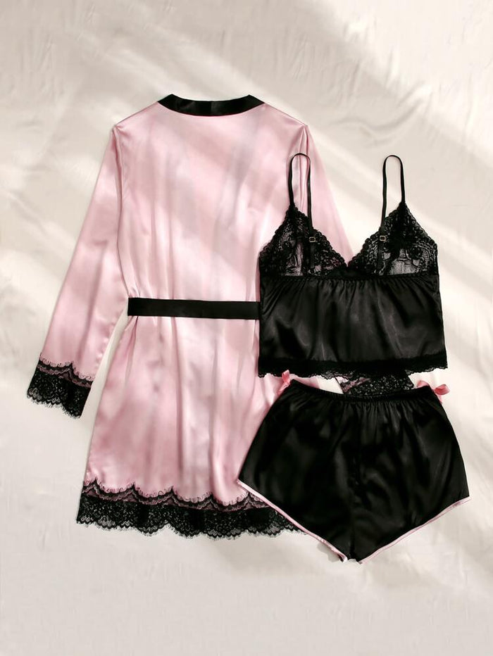 Satin Lace 3-Piece Pajama Set with Robe – Women Elegant Sleepwear