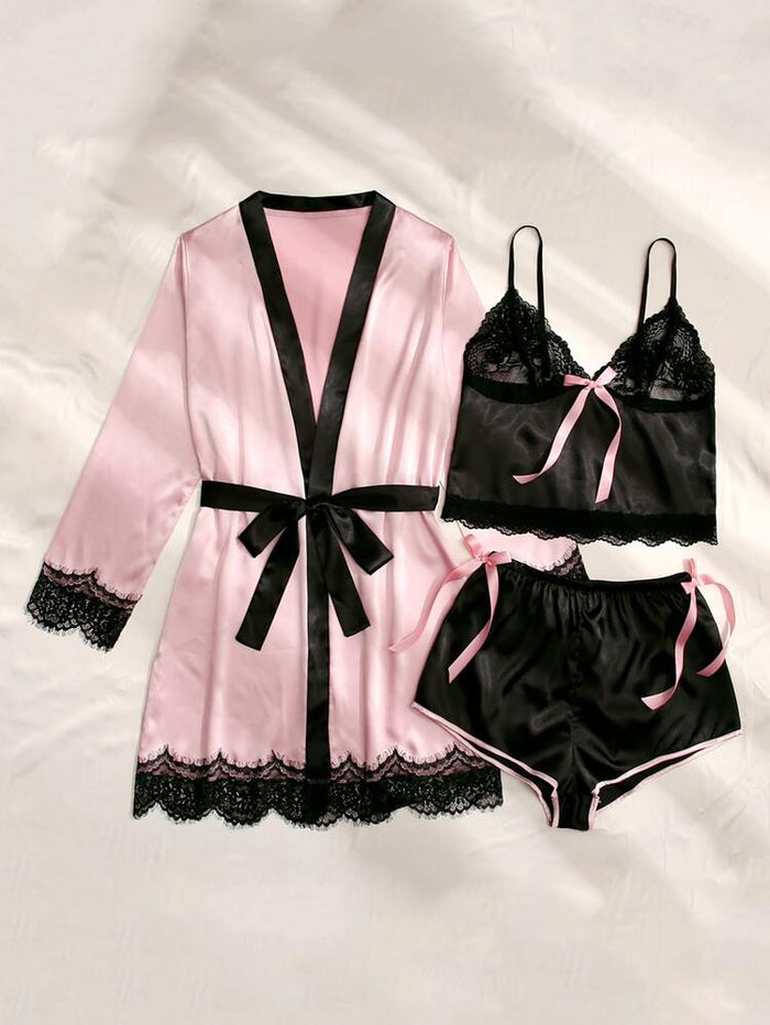 Satin Lace 3-Piece Pajama Set with Robe – Women Elegant Sleepwear