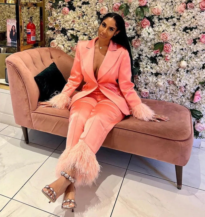 Satin Tailored Women Pants Suits Ostrich Feather 2 Pieces - Envious Designs