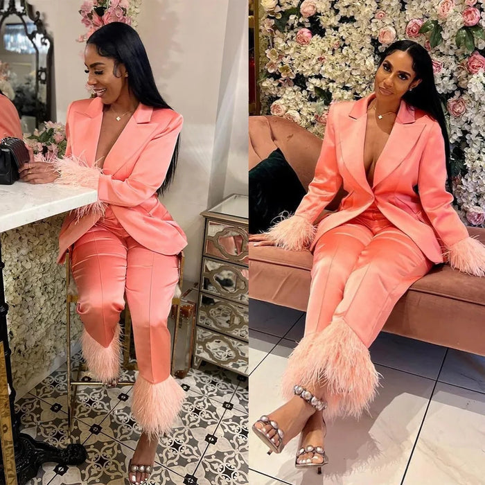 Satin Tailored Women Pants Suits Ostrich Feather 2 Pieces - Envious Designs