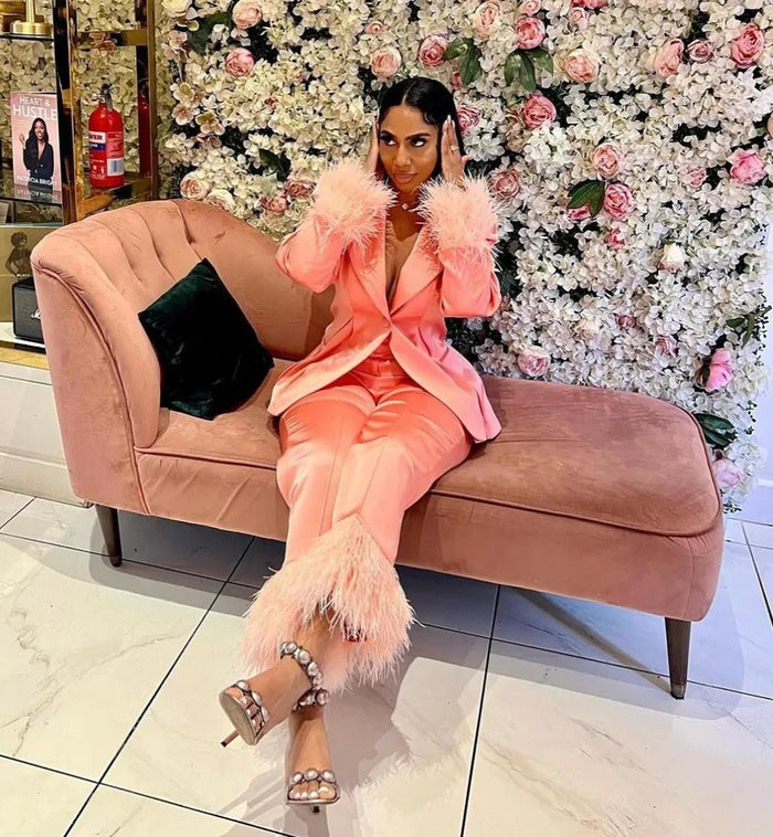Satin Tailored Women Pants Suits Ostrich Feather 2 Pieces - Envious Designs