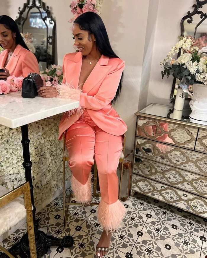 Satin Tailored Women Pants Suits Ostrich Feather 2 Pieces - Envious Designs
