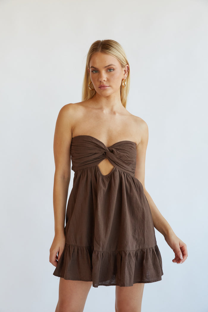 brown-image | strapless brown twist front open back mini dress romper - brown game day dress