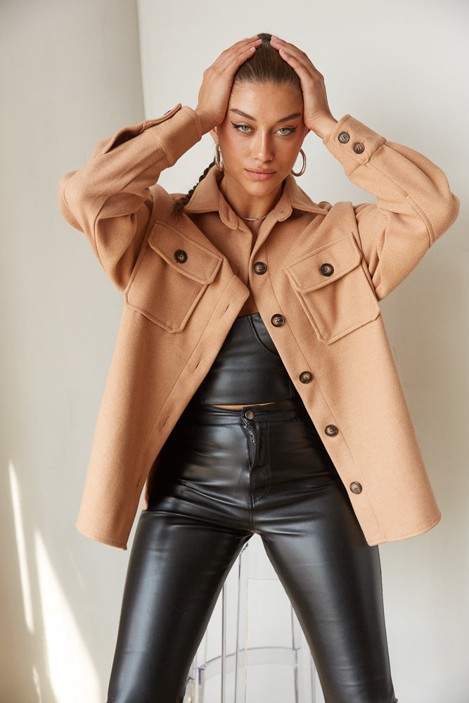 brown button up shacket