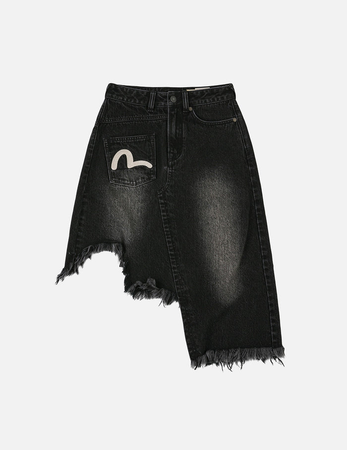 Seagull and Slogan Embroidery Regular Fit Distressed Washed Denim Skirt