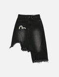 Seagull and Slogan Embroidery Regular Fit Distressed Washed Denim Skirt