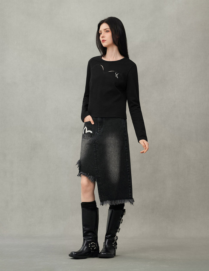 Seagull and Slogan Embroidery Regular Fit Distressed Washed Denim Skirt