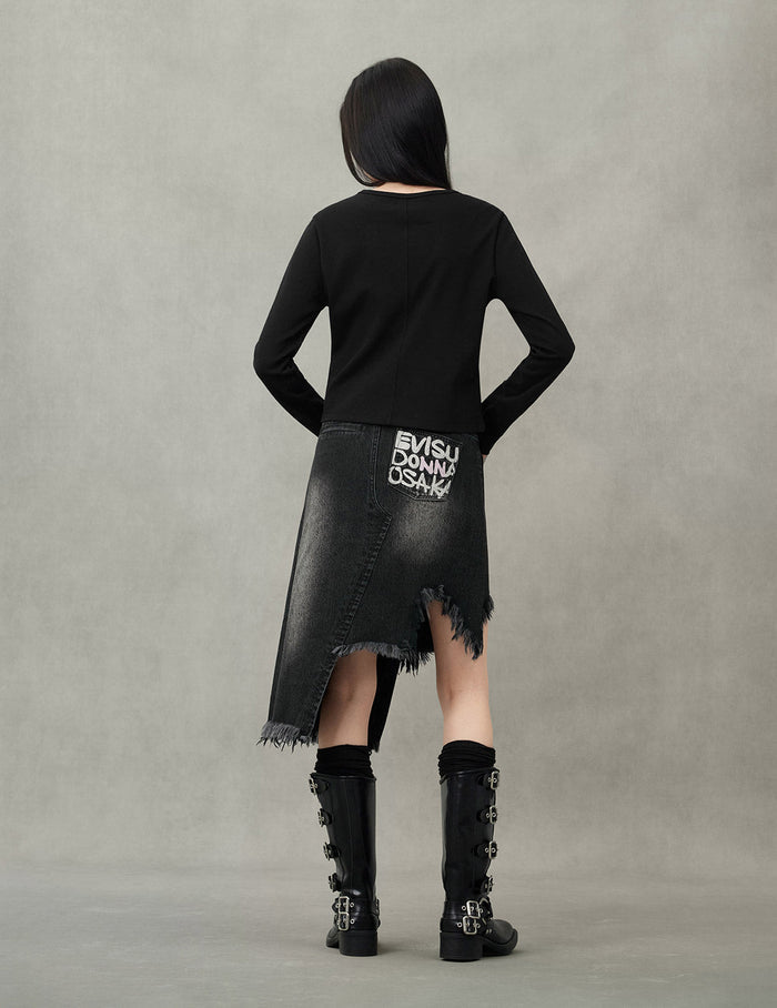 Seagull and Slogan Embroidery Regular Fit Distressed Washed Denim Skirt