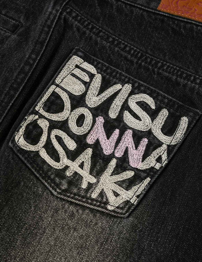 Seagull and Slogan Embroidery Regular Fit Distressed Washed Denim Skirt