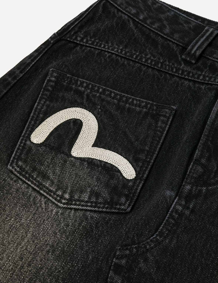 Seagull and Slogan Embroidery Regular Fit Distressed Washed Denim Skirt