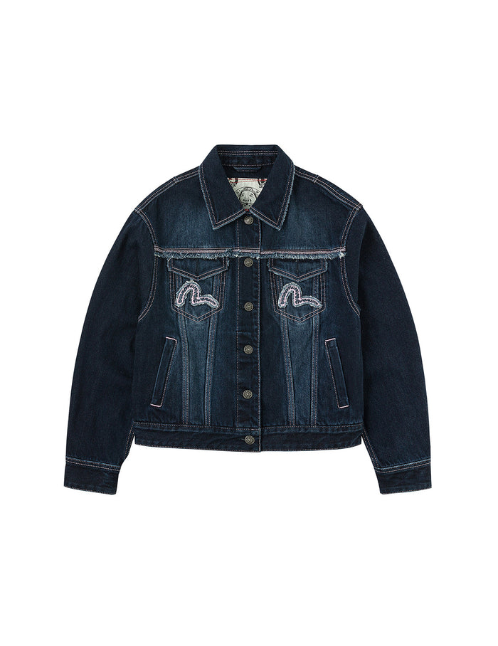 Seagull Appliqué Embroidery Loose Fit Washed Denim Jacket