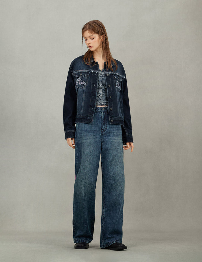 Seagull Appliqué Embroidery Loose Fit Washed Denim Jacket