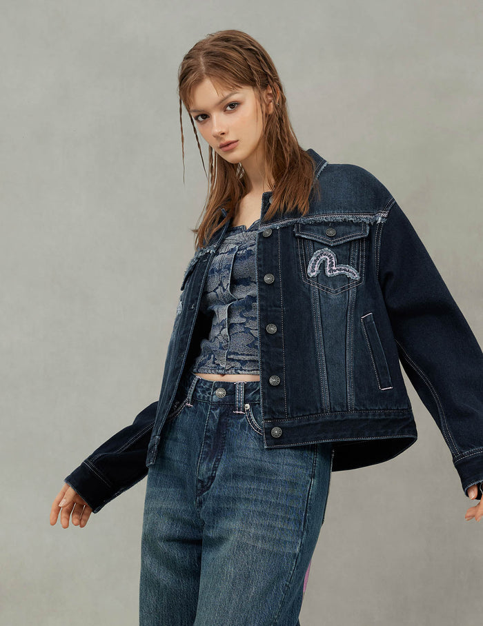 Seagull Appliqué Embroidery Loose Fit Washed Denim Jacket