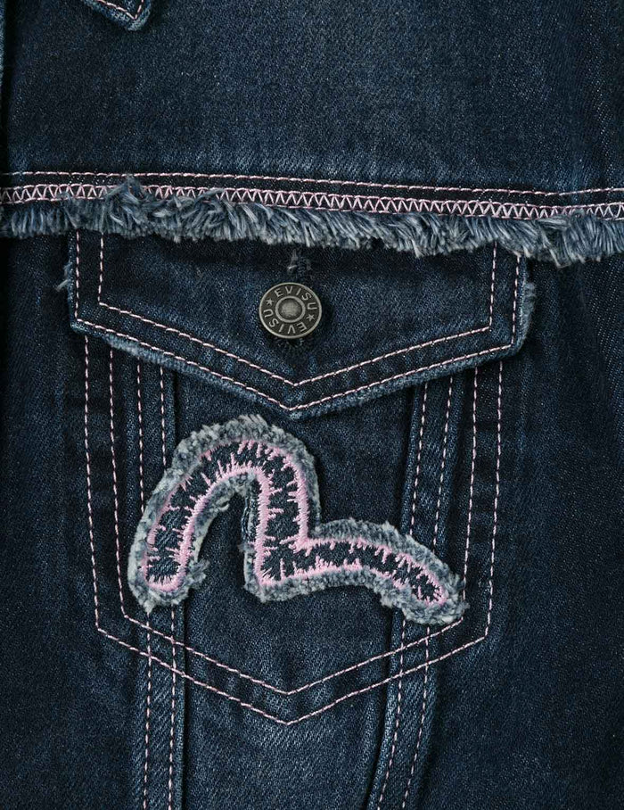 Seagull Appliqué Embroidery Loose Fit Washed Denim Jacket