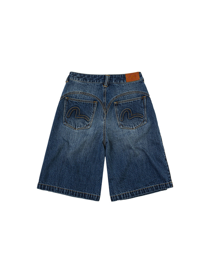 Seagull Embossed Fashion Fit Pleated Denim Shorts