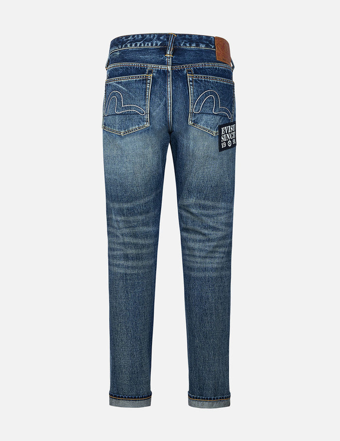 Seagull Embroidery and "EVISU SINCE 1991" Print Patch Taper Fit Jeans #2017
