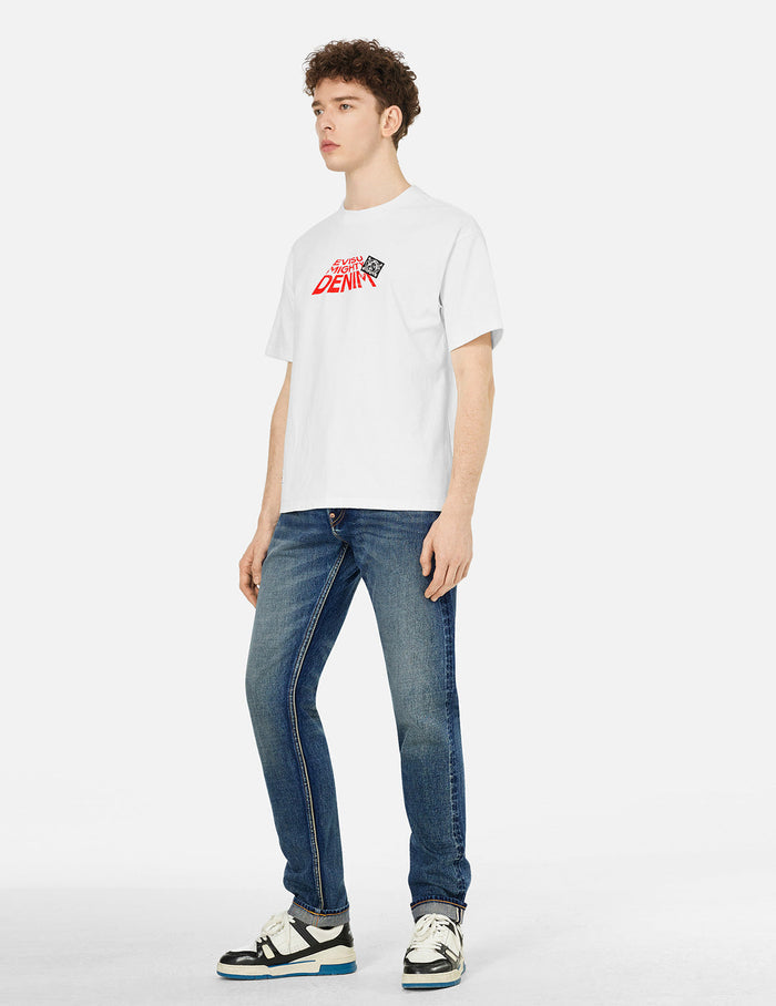 Seagull Embroidery and "EVISU SINCE 1991" Print Patch Taper Fit Jeans #2017