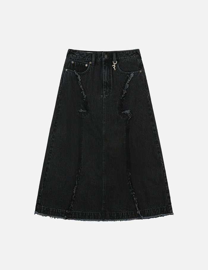 Seagull Embroidery Distressed Fashion Fit Denim Skirt