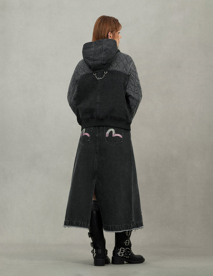 Seagull Embroidery Distressed Fashion Fit Denim Skirt
